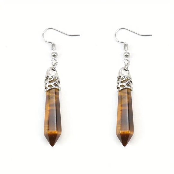 Tiger Eye Natural Stone Gemstone Hexagon Point Healing Stone Dangle Earrings - Picture 3 of 3
